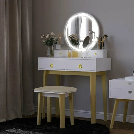 HOMCOM Dressing Table Set With LED Mirror, Stool & 4 Drawers Makeup Desk White