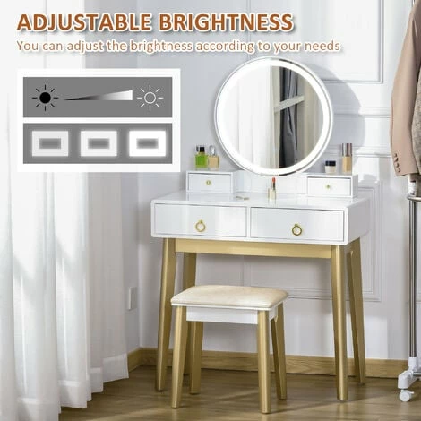 HOMCOM Dressing Table Set With LED Mirror, Stool & 4 Drawers Makeup Desk White