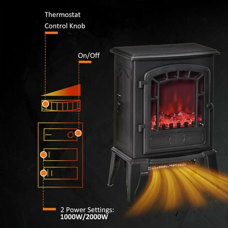 HOMCOM Freestanding Electric Fireplace Heater W/ Realistic Flame Effect Black