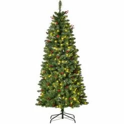 HOMCOM 5FT Prelit Pencil Christmas Tree W/ LED Light, Berry, Xmas Decoration