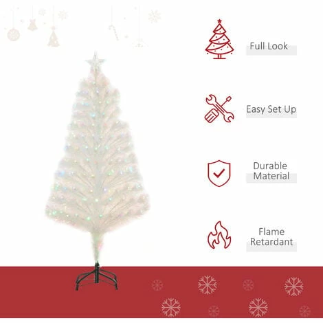HOMCOM 4FT Prelit Artificial Christmas Tree Fiber Optic Xmas Decoration, White