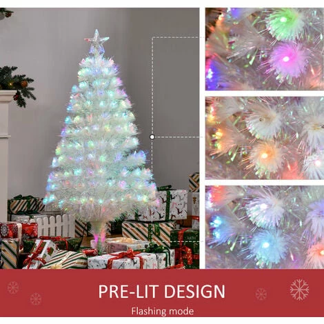 HOMCOM 4FT Prelit Artificial Christmas Tree Fiber Optic Xmas Decoration, White