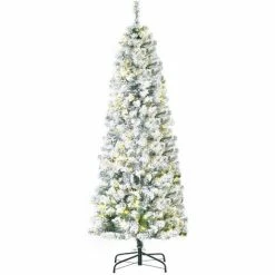HOMCOM 6FT Prelit Snow Flocked Christmas Tree W/ Light, Xmas Decoration Green