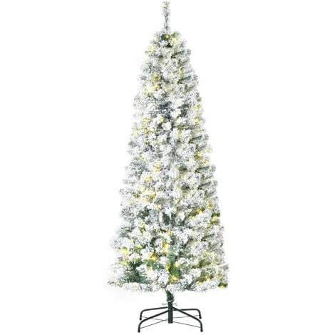 HOMCOM 6FT Prelit Snow Flocked Christmas Tree w/ Light, Xmas Decoration Green