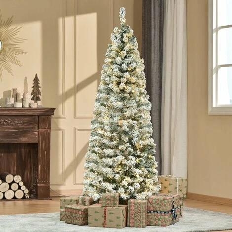 HOMCOM 6FT Prelit Snow Flocked Christmas Tree w/ Light, Xmas Decoration Green
