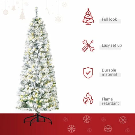HOMCOM 6FT Prelit Snow Flocked Christmas Tree w/ Light, Xmas Decoration Green