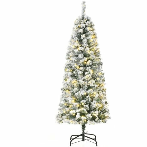 HOMCOM 5FT Prelit Snow Flocked Christmas Tree w/ Light, Xmas Decoration Green