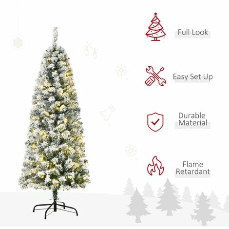 HOMCOM 5FT Prelit Snow Flocked Christmas Tree w/ Light, Xmas Decoration Green