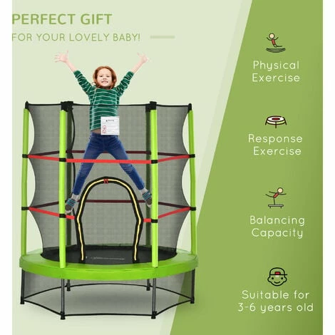 HOMCOM Kids Trampoline Mini Bouncer w/ Enclosure Net Age 3-6 Years Green