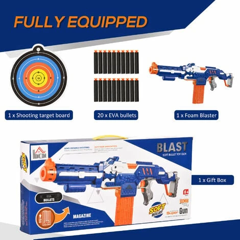 HOMCOM Toy Automatic Foam Blaster Gun Shooter 20 EVA Refill Darts for 8-12 Year