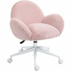 HOMCOM Fluffy Leisure Chair Office Chair With High Back Armrest Wheels Pink