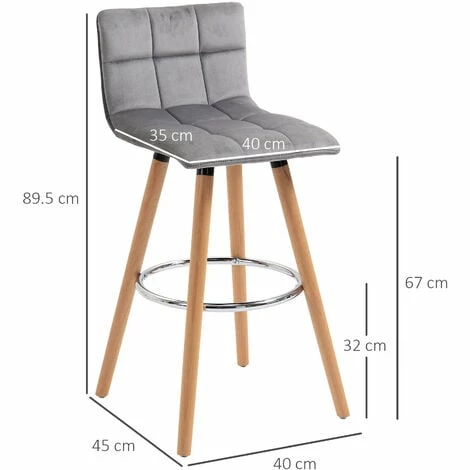 HOMCOM Bar stool Set of 2 Armless Upholstered Counter Height Bar Chairs Grey