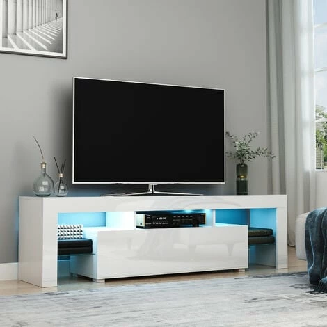 HOMCOM High Gloss TV Stand Cabinet W/ LED RGB Lights and Remote Control White