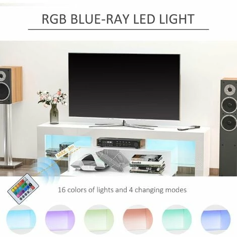 HOMCOM High Gloss TV Stand Cabinet W/ LED RGB Lights and Remote Control White