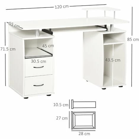 HOMCOM Computer Desk Office PC Table Workstation with Keyboard Tray, CPU Shelf, Drawers, Sliding Scanner Shelf, White