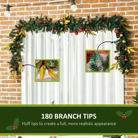 HOMCOM 2.7M Artificial Christmas Garland Pine Cones Decorations Seasonal Style