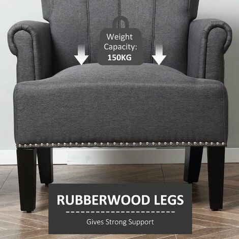 HOMCOM Wing Back Armchair Sofa Chair w/ Upholstered Seat Wood Legs, Dark Grey