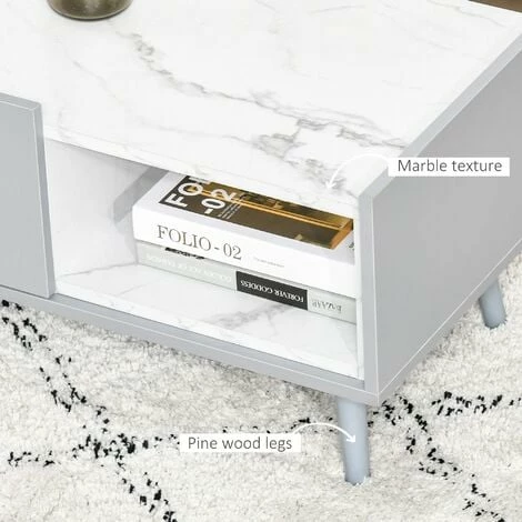 HOMCOM Two-Tone Coffee Table Marble Effect w/ Storage Wood Legs Home Furniture