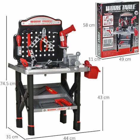 HOMCOM Kids Workbench Toy w/ Shelf Storage Box Electric Drill for 3-6 Years Old