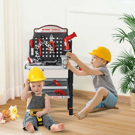 HOMCOM Kids Workbench Toy w/ Shelf Storage Box Electric Drill for 3-6 Years Old