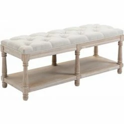 HOMCOM 2-Tier Bed End Bench, Vintage Stool Button Tufted Window Seat Cream White