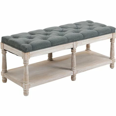 HOMCOM 2-Tier Bed End Bench, Vintage Stool Button Tufted Window Seat, Grey