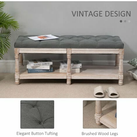 HOMCOM 2-Tier Bed End Bench, Vintage Stool Button Tufted Window Seat, Grey