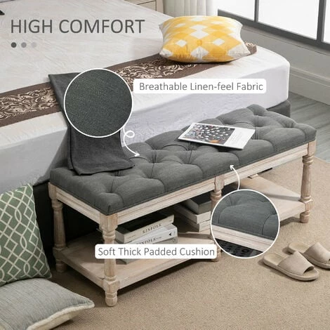 HOMCOM 2-Tier Bed End Bench, Vintage Stool Button Tufted Window Seat, Grey
