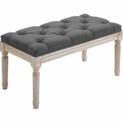 HOMCOM Accent Bench Tufted Upholstered Foot Stool Linen-Touch Ottoman Grey
