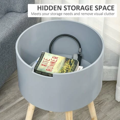 HOMCOM Round Side Table Nightstand w/ Hidden Storage Space Removable Lid, Grey