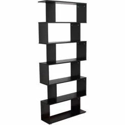 HOMCOM Storage Bookcase 6 Shelves Wood Bookshelf S Shape Home Office Black