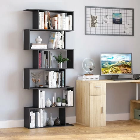 HOMCOM Storage Bookcase 6 Shelves Wood Bookshelf S Shape Home Office Black
