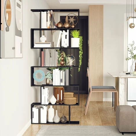 HOMCOM Storage Bookcase 6 Shelves Wood Bookshelf S Shape Home Office Black