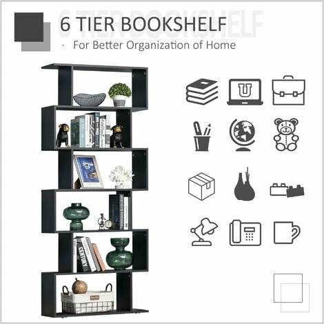 HOMCOM Storage Bookcase 6 Shelves Wood Bookshelf S Shape Home Office Black