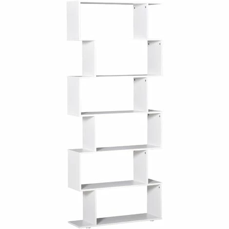 HOMCOM Storage Bookcase 6 Shelves Wood Bookshelf S Shape Home Office White