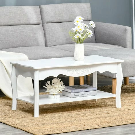 HOMCOM 2 Tier Wooden Coffee Tea Table End Table Storage Shelf 94Lx44Wx42H White