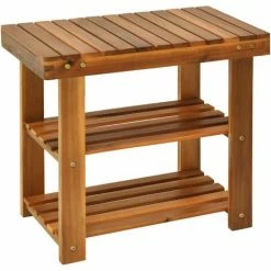 HOMCOM 3-tier Shoe Rack Bench Acacia Wood Shoe Storage Organizer Teak 50x28x45cm