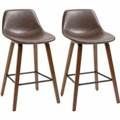HOMCOM Counter Height Bar Stools Set Of 2 Mid-Back PU With Wood Legs, Brown