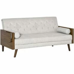 HOMCOM 3-Seater Sofa Bed Click-Clack Button-Tufted Settee Recliner Couch Beige