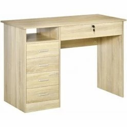 HOMCOM Computer Desk Writing Desk With Five Drawers For Home Office Oak