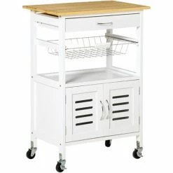 HOMCOM Rolling Kitchen Island Trolley Utility Cart On Wheels With Bamboo Top