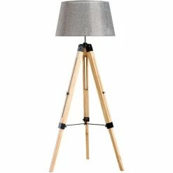 HOMCOM Tripod Floor Lamp W/ Linen Shade Pinewood Legs Adjustable Height Grey
