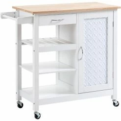 HOMCOM Kitchen Cart On Wheels Trolley With Embossed Door Panel, Drawer, White