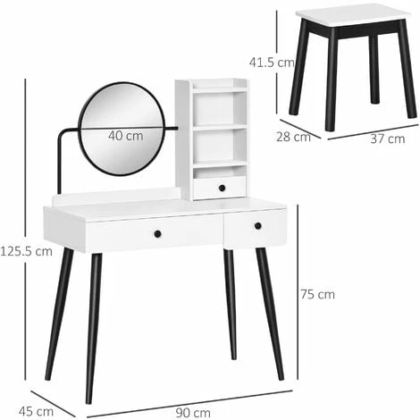HOMCOM Dressing Table Set with 3 Drawers, Storage shelves and Stool, White
