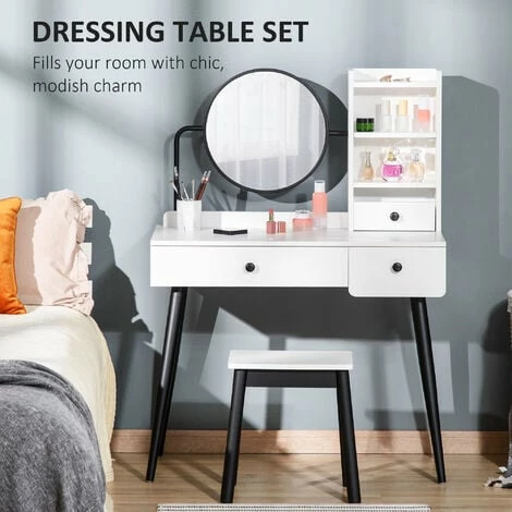 HOMCOM Dressing Table Set with 3 Drawers, Storage shelves and Stool, White