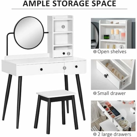 HOMCOM Dressing Table Set with 3 Drawers, Storage shelves and Stool, White