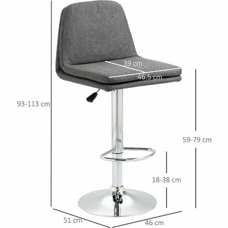 HOMCOM Morden Adjustable Swivel Bar Stools Set of 2, with Backrest, Grey