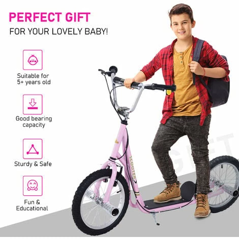 HOMCOM Teen Scooter Children Stunt Scooter W/ 16" Tyres Adjustable Height, Pink