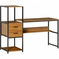 HOMCOM Industrial Computer Desk W/ Storage, Home Writing Table, Walnut Brown