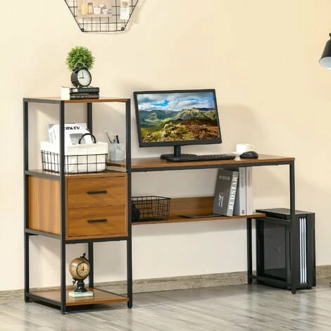 HOMCOM Industrial Computer Desk w/ Storage, Home Writing Table, Walnut Brown